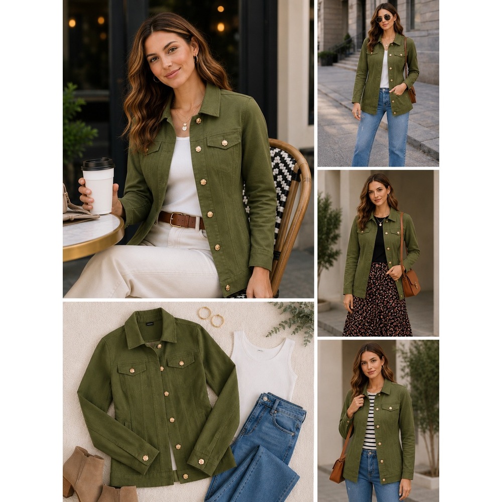 LuLaRoe Olive Green Longline Jean Jacket Gold Button Casual Chic L